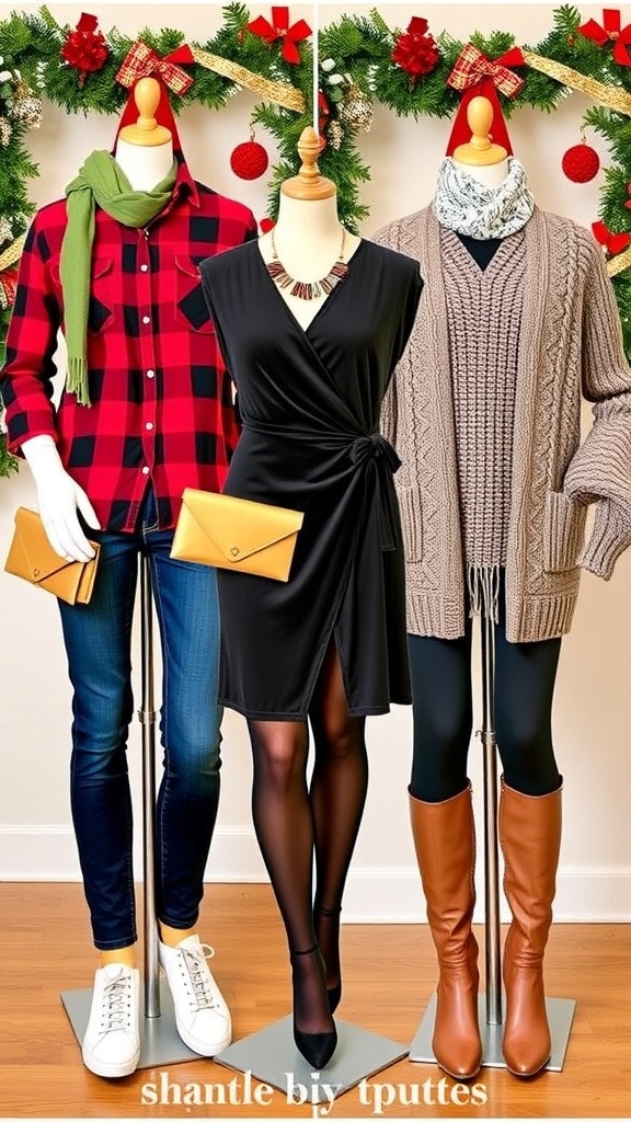 Festive Christmas Outfit Ideas Collage of three Christmas outfits: casual, elegant, and cozy styles.
